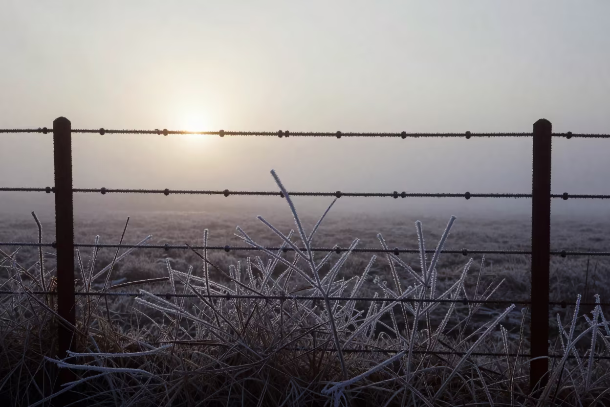 Hoarfrost on Rusty Wire Fence at Dawn in through low marine fog in Chad