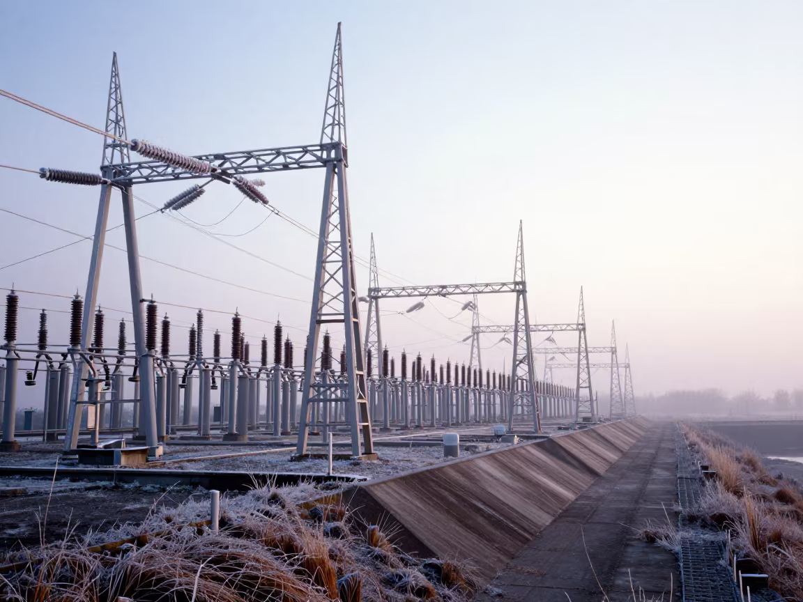 Hoarfrost Substation Before Dawn Near Médéa Dam in along a dam spillway near Médéa