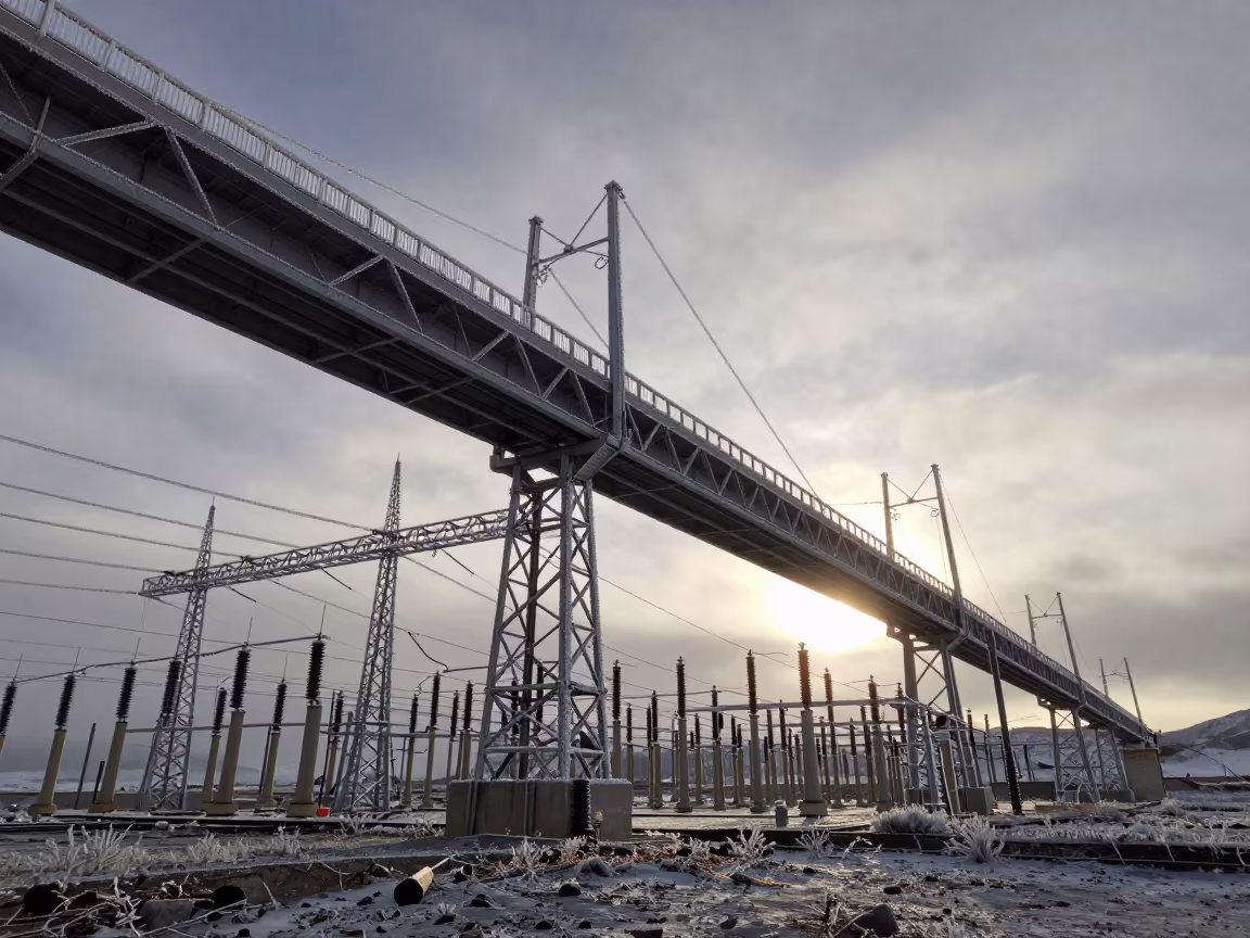 Hoarfrost Transmission Substation Dawn Tibet in under a cable-stayed bridge span in Tibet