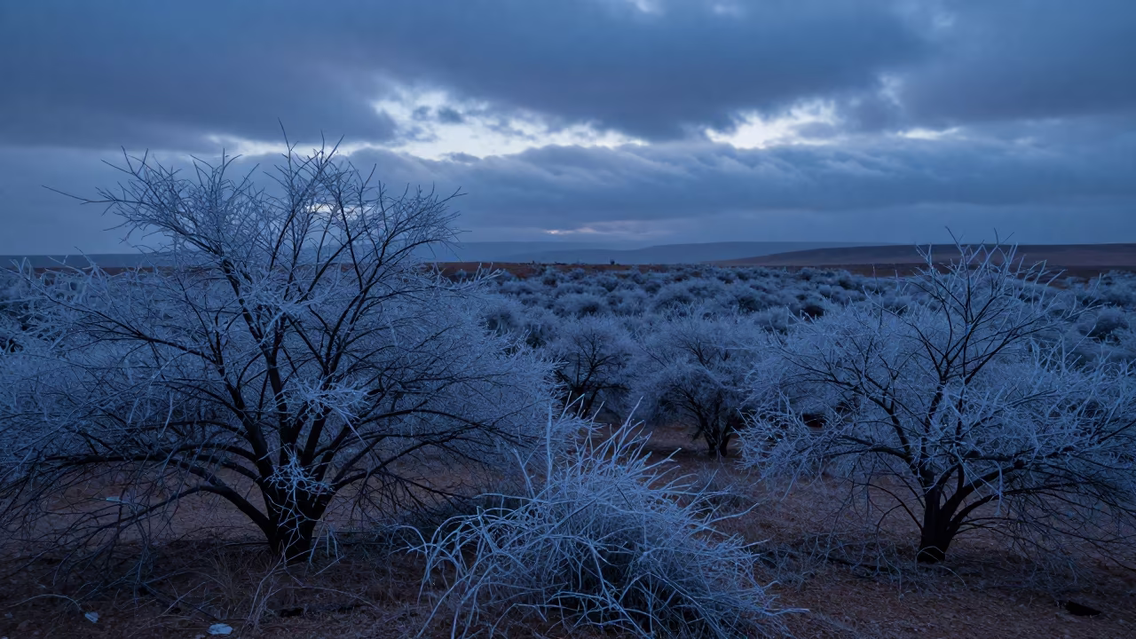 Hoarfrost Coated Twigs in Moroccan Twilight Forest in in Morocco