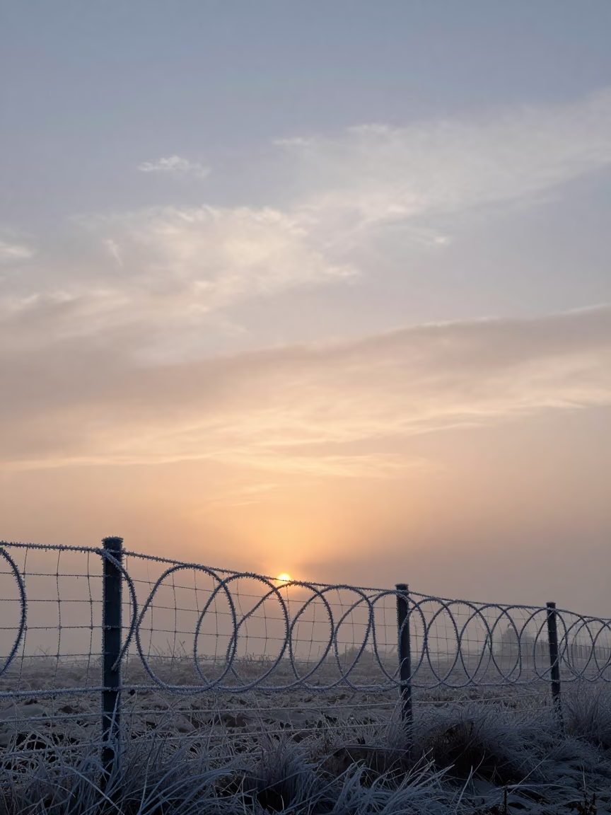 Hoarfrost Wire Fence Under Dawn Light Near Wenzhou in beneath fast-moving cloud bands near Wenzhou