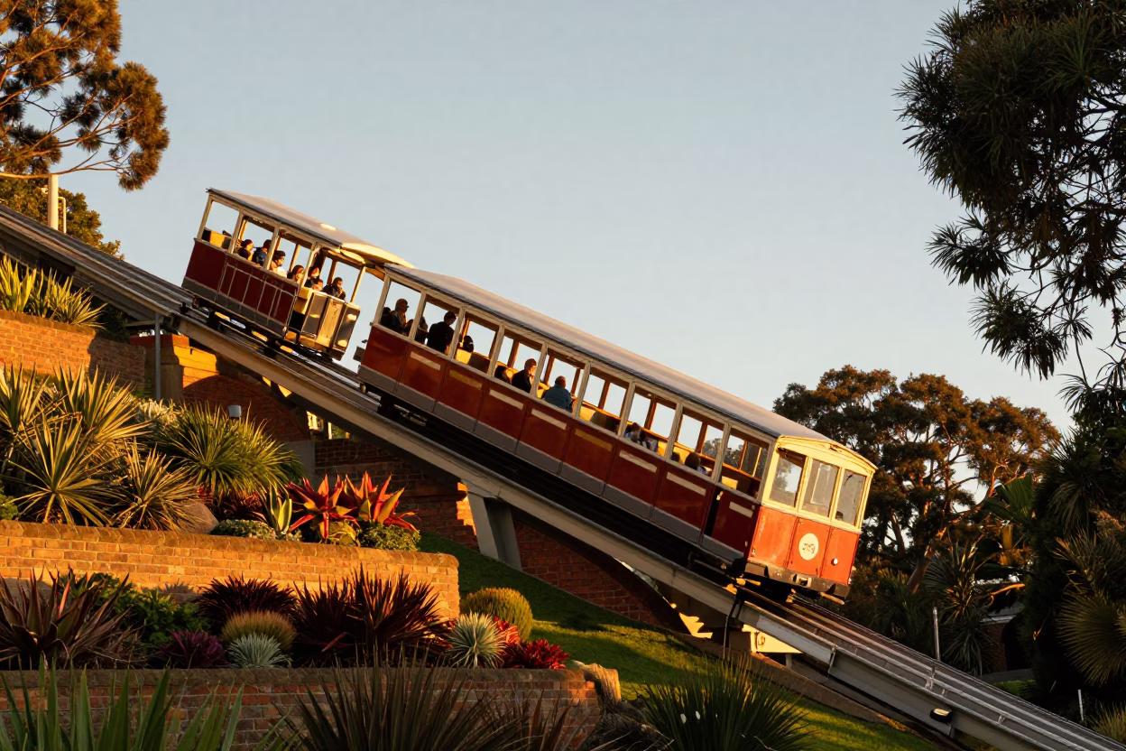 Hobart Cable Car Climbing Botanical Gardens Golden Hour Tasmania in in Hobart, Tasmania, Australia
