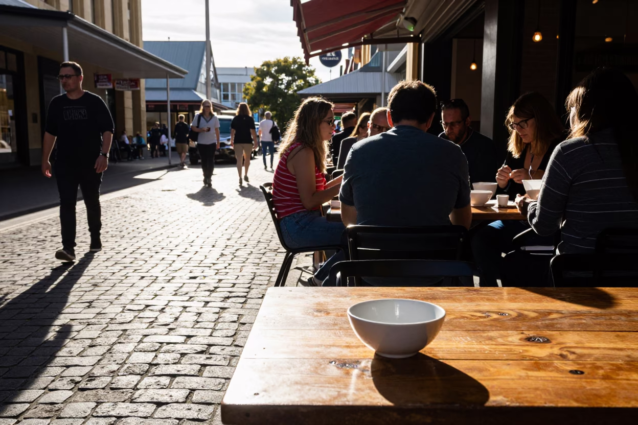 Hobart Cafe Table at Clear Late-afternoon Light in in Hobart, Tasmania, Australia