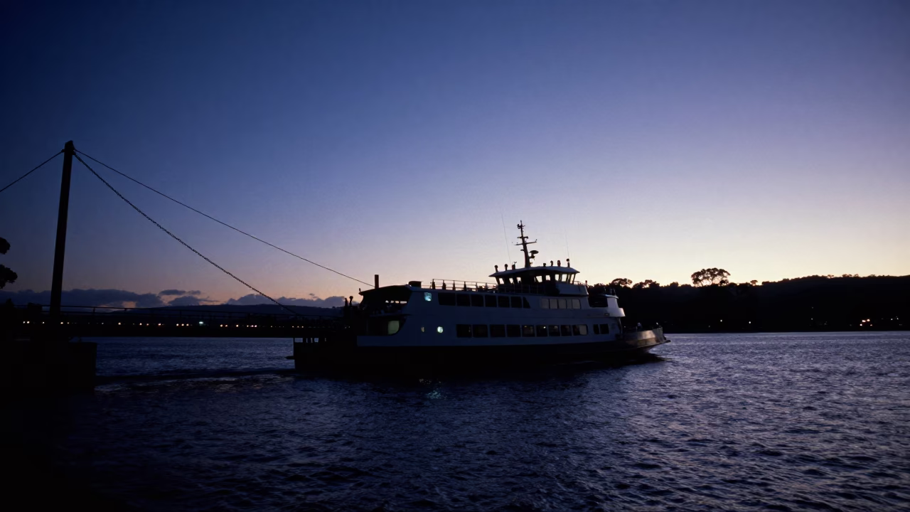Hobart Chain Ferry Crossing Derwent River in Predawn Darkness Tasmania in in Hobart, Tasmania, Australia