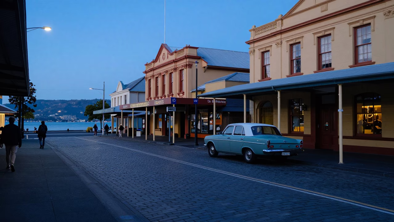 Hobart Evening Street Scene with Vintage Car and Local Shop Window Display in in Hobart, Tasmania, Australia