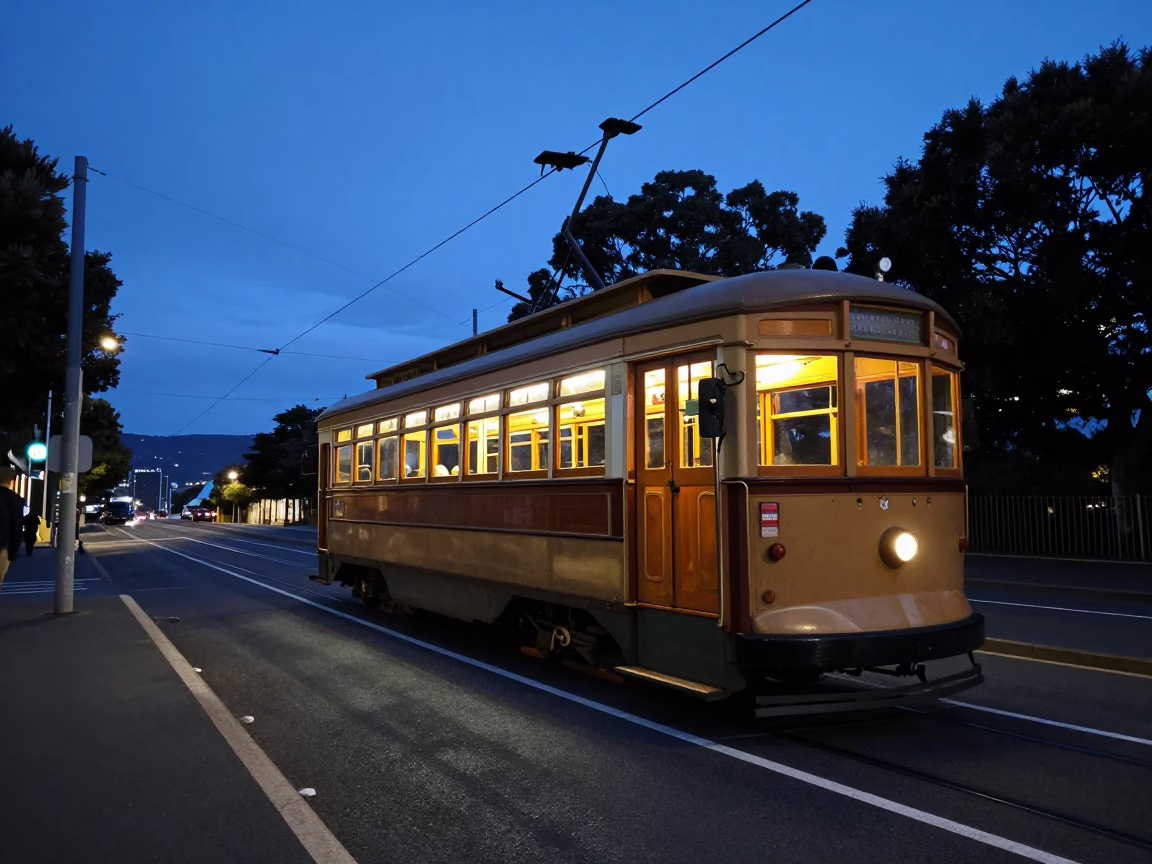 Hobart Featuring Tram at Blue Hour in in Hobart, Tasmania, Australia