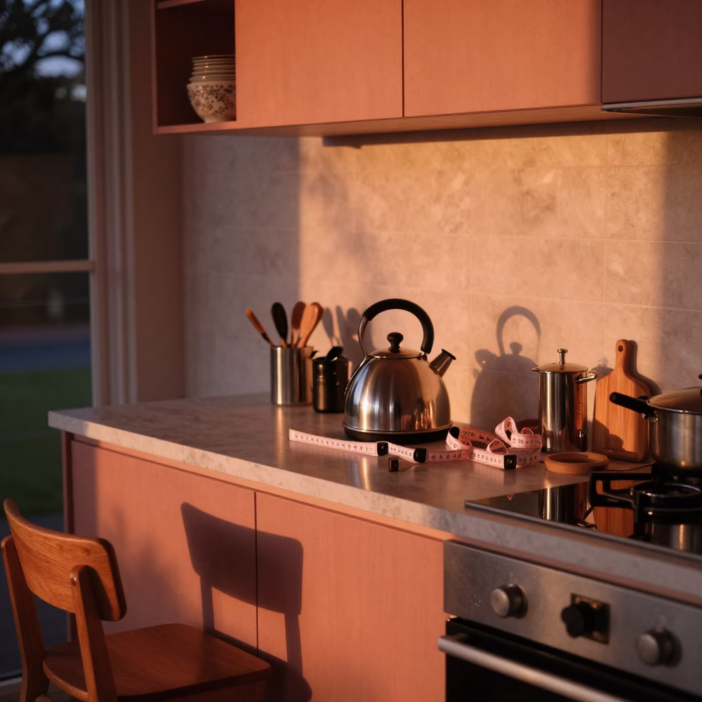 Hobart Kitchen Counter at Copper-toned Light Before Dusk in in Hobart, Tasmania, Australia