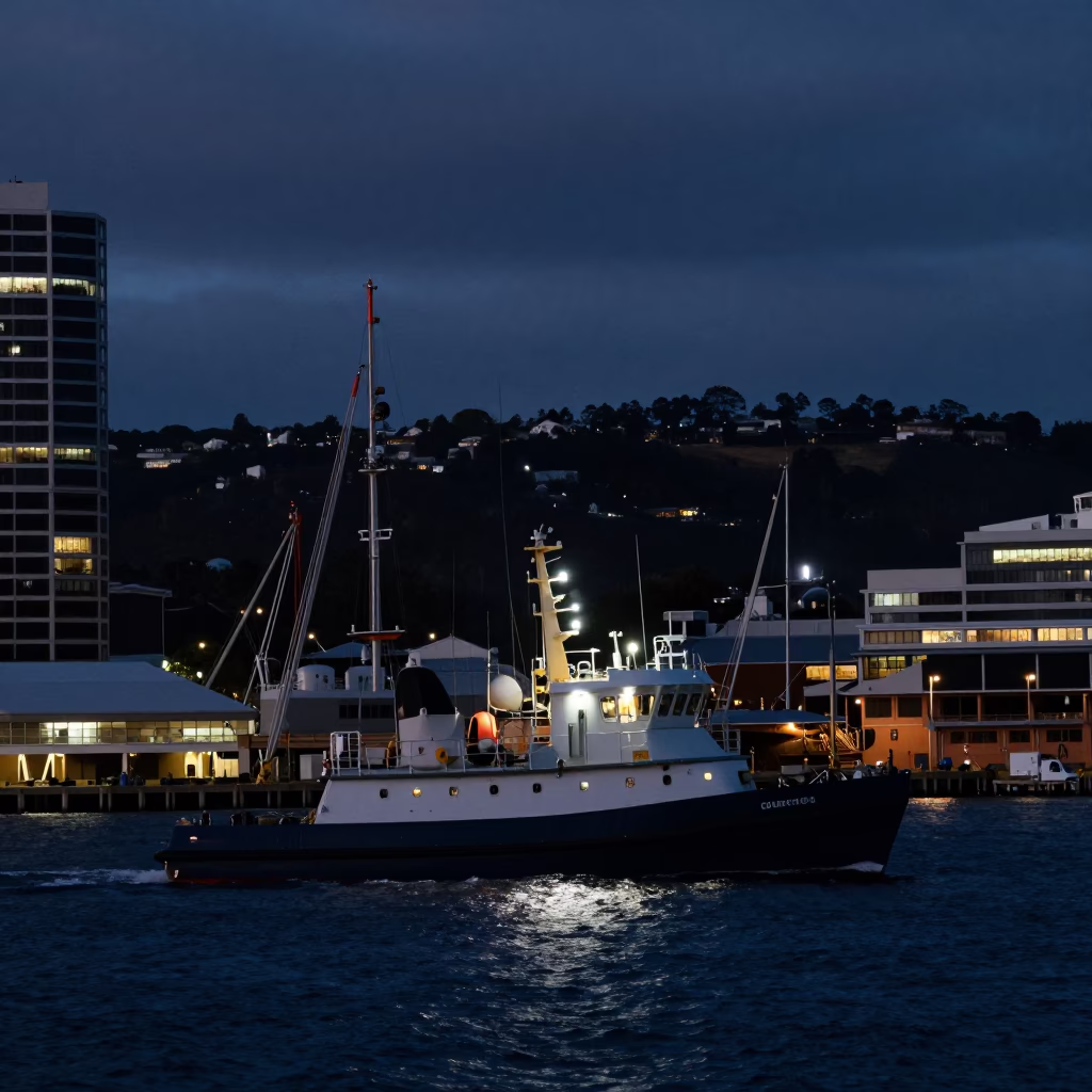 Hobart Port Activity at The Predawn Darkness Light in in Hobart, Tasmania, Australia