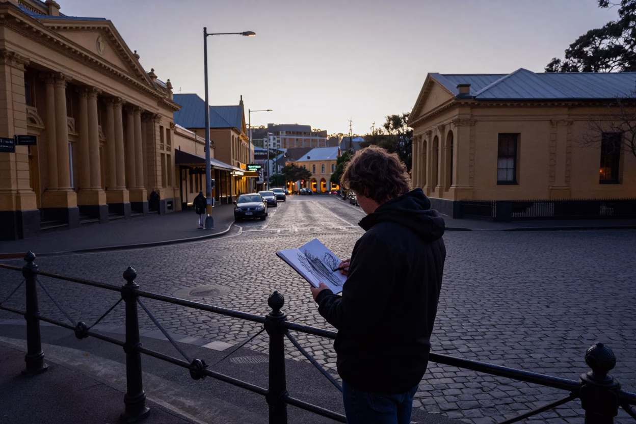 Hobart Pre-dawn Quiet at Sunrise Light in in Hobart, Tasmania, Australia