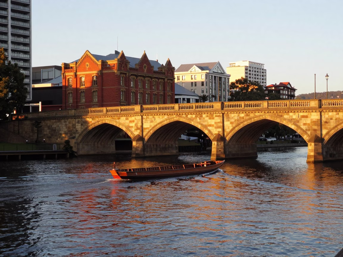 Hobart River Scene at Golden Hour in in Hobart, Tasmania, Australia