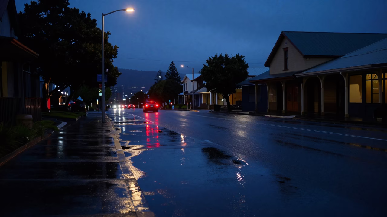 Hobart Street Reflections at The Predawn Darkness Light in in Hobart, Tasmania, Australia