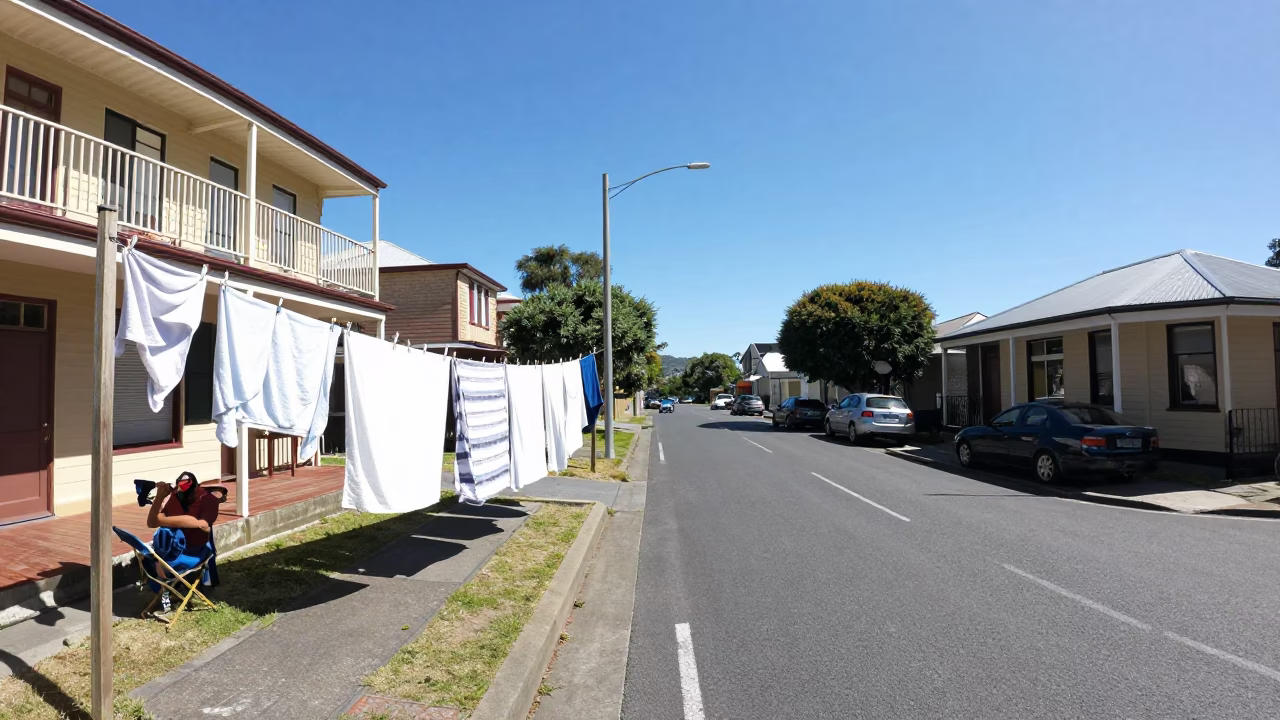 Hobart street scene with laundry and casual afternoon activity in in Hobart, Tasmania, Australia