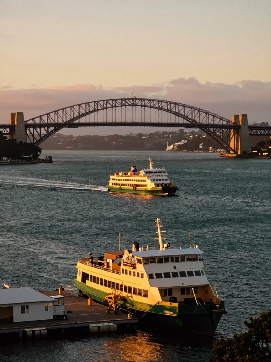 Hobart Sunset Ferry Approaching Dock With Bridge Maintenance Cradle Visible in in Hobart, Tasmania, Australia