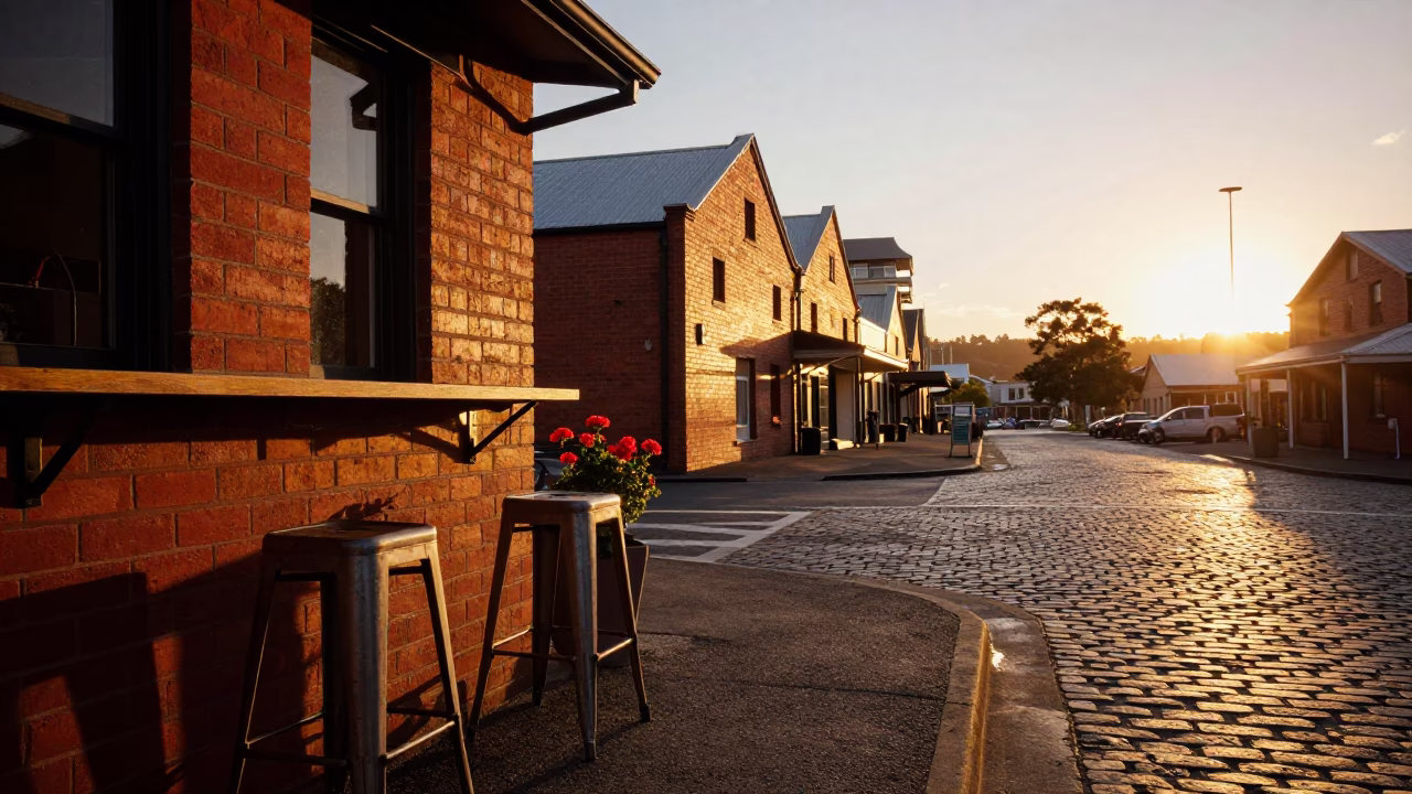 Hobart Sunset Street Scene with Metal Stools and Geraniums in Tasmania in in Hobart, Tasmania, Australia