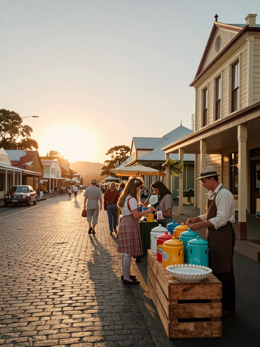 Hobart Sunset Street Scene with Vintage 1960s Colorful Details in in Hobart, Tasmania, Australia