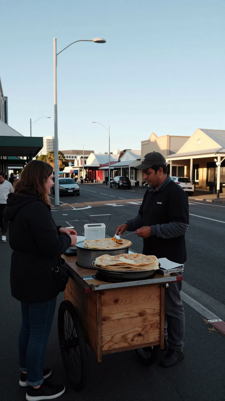Hobart Tasmania Australia Clear Late Afternoon Light Street Scene with Local Food Cart in in Hobart, Tasmania, Australia