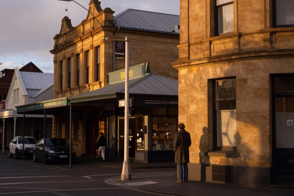 Hobart Tasmania Australia dusk street scene with vintage details and local life in in Hobart, Tasmania, Australia