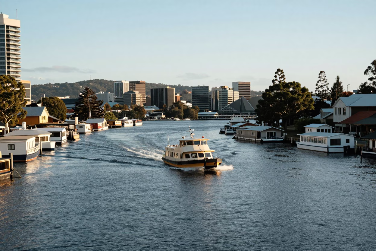 Hobart Tasmania Australia Early Afternoon Water Taxi Zigzagging Between Canal Houseboats in in Hobart, Tasmania, Australia