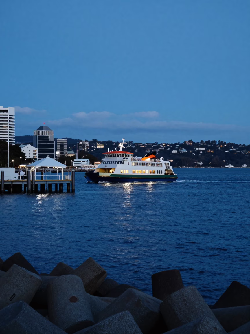 Hobart Tasmania Australia Evening Ferry Departure Breakwater Tetrapods and Harbor View in in Hobart, Tasmania, Australia