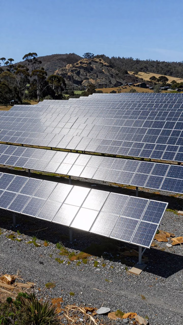 Hobart Tasmania Australia Noon Sun Solar Array Glint Silver Gravel Scrub Landscape in in Hobart, Tasmania, Australia