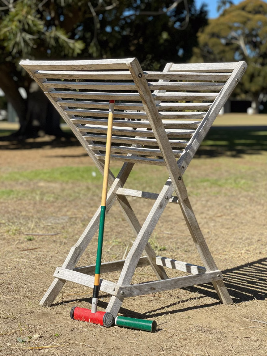 Hobart Tasmania Australia Noon Sunlight Drying Rack and Croquet Mallet in Garden in in Hobart, Tasmania, Australia