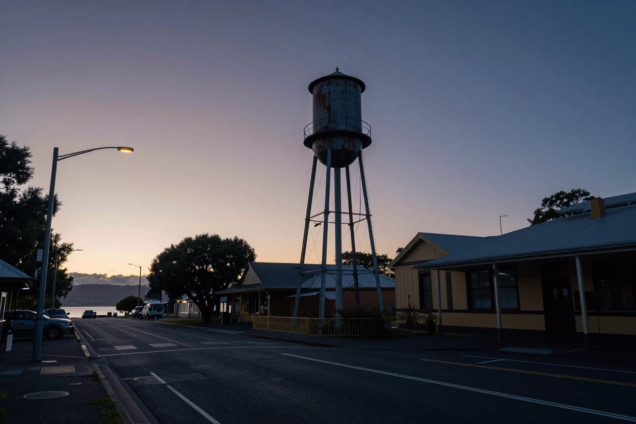 Hobart Tasmania Australia Pre-Dawn Street Scene with Water Tower and Grease Sheen in in Hobart, Tasmania, Australia