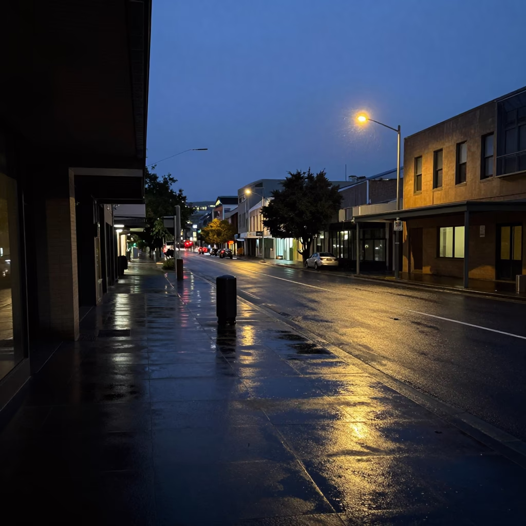 Hobart Tasmania Australia Predawn Street Scene with Window Scratches and Urban Reflections in in Hobart, Tasmania, Australia