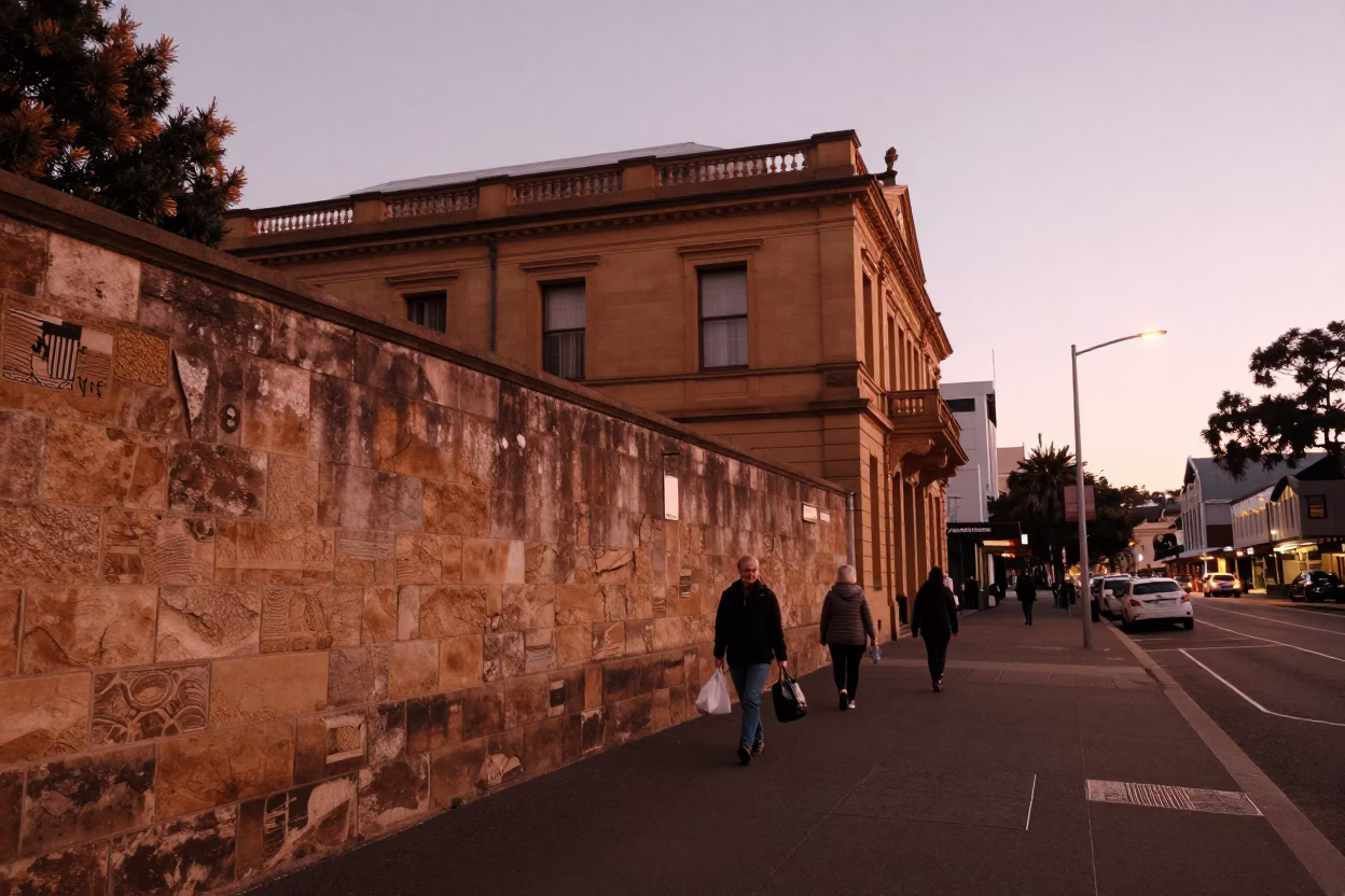 Hobart Tasmania Before Dusk Copper Light Street Scene with Watering Bottle in in Hobart, Tasmania, Australia
