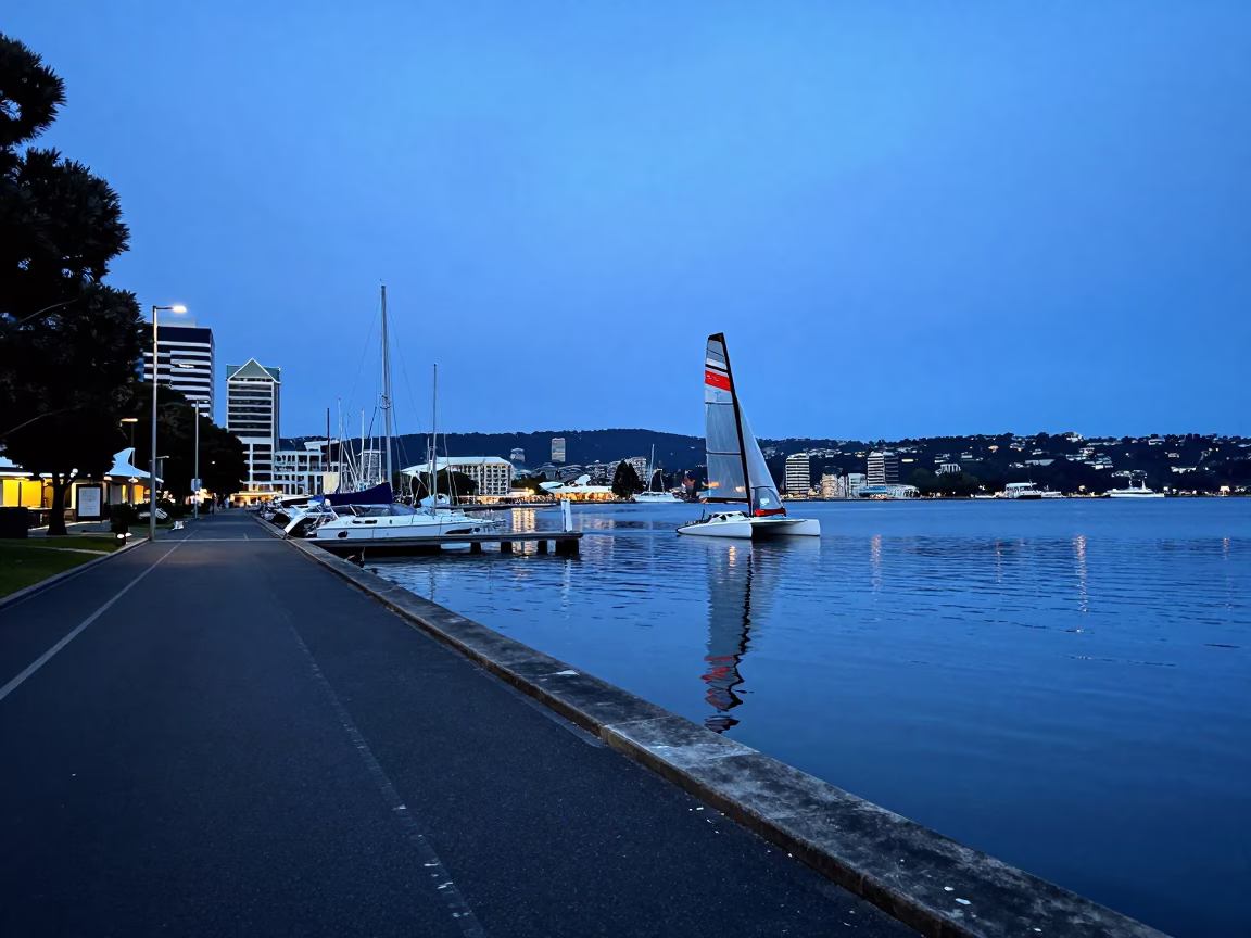 Hobart Tasmania blue hour street scene with racing catamaran reflection and local activity in in Hobart, Tasmania, Australia