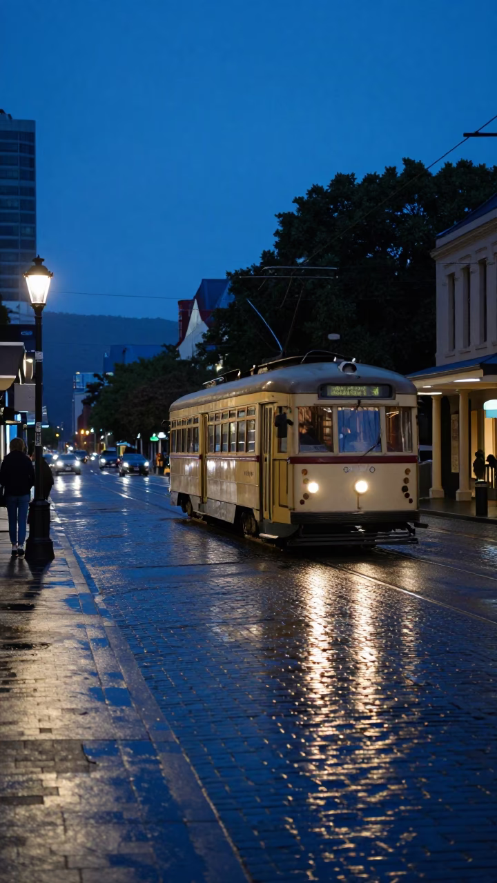 Hobart Tasmania Blue Hour Street Scene with Tram Reflection and Lantern Light in in Hobart, Tasmania, Australia