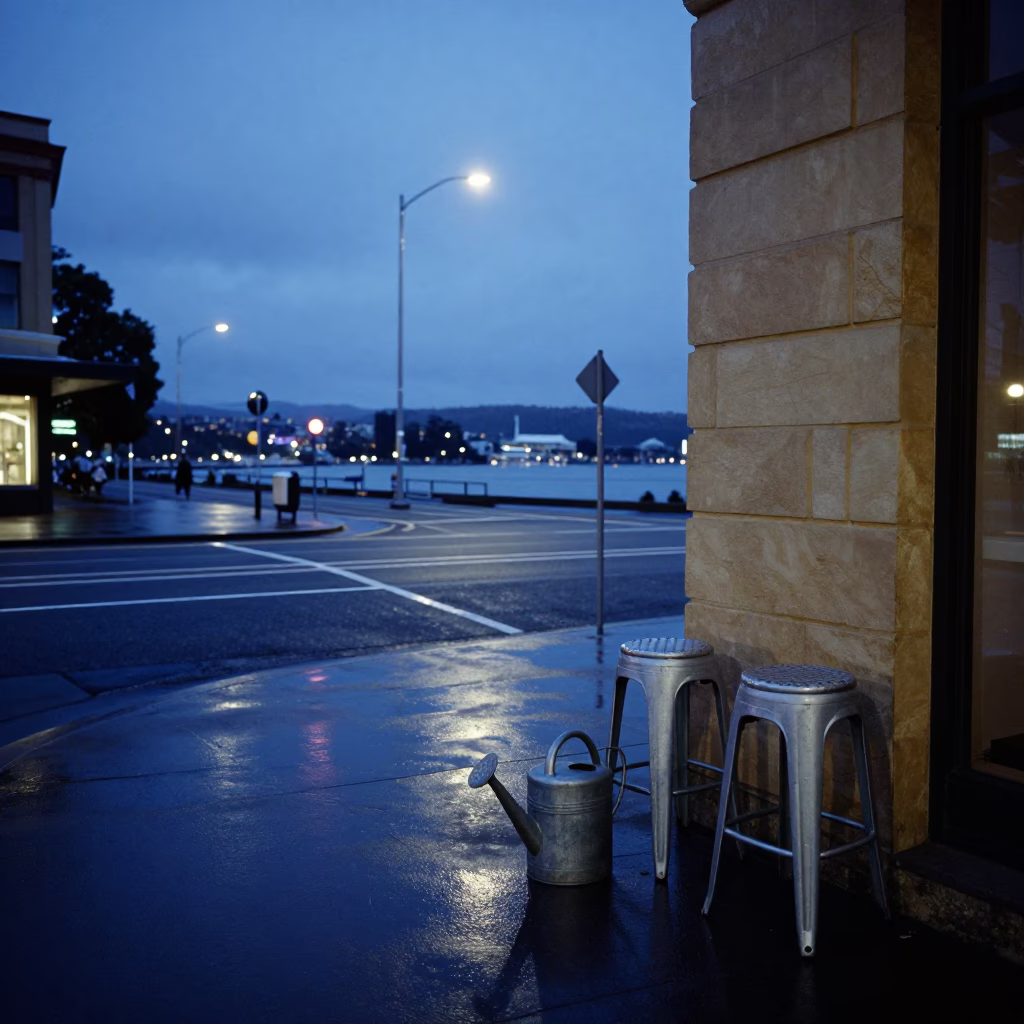 Hobart Tasmania Blue Hour Street Scene with Watering Jug and Bar Stools in in Hobart, Tasmania, Australia