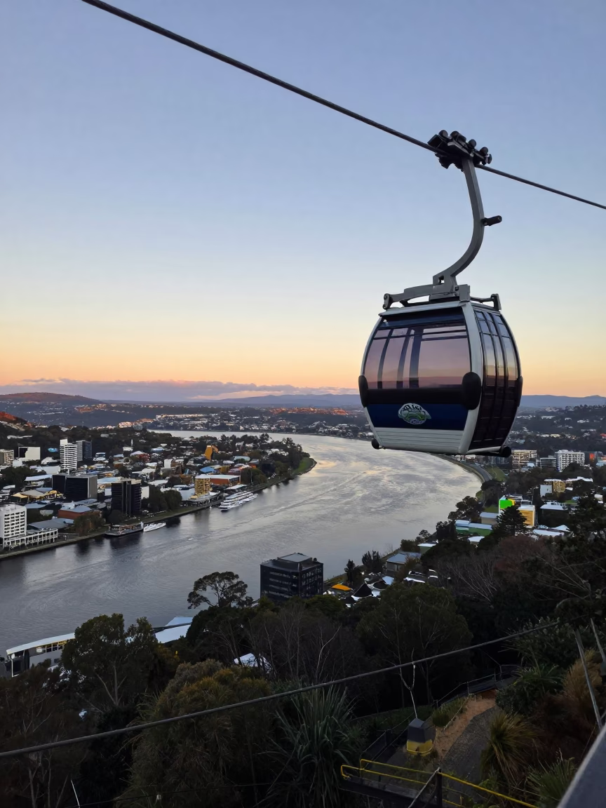 Hobart Tasmania Cable Car Crossing Derwent River Valley Before Sunrise 1970s in in Hobart, Tasmania, Australia