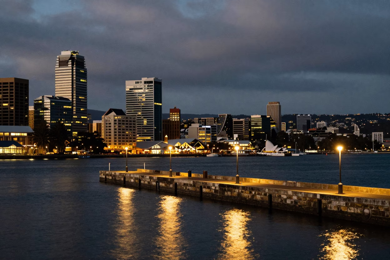 Hobart Tasmania City Lights Glow Over Historic Stone Wharf and Rain Boots in in Hobart, Tasmania, Australia