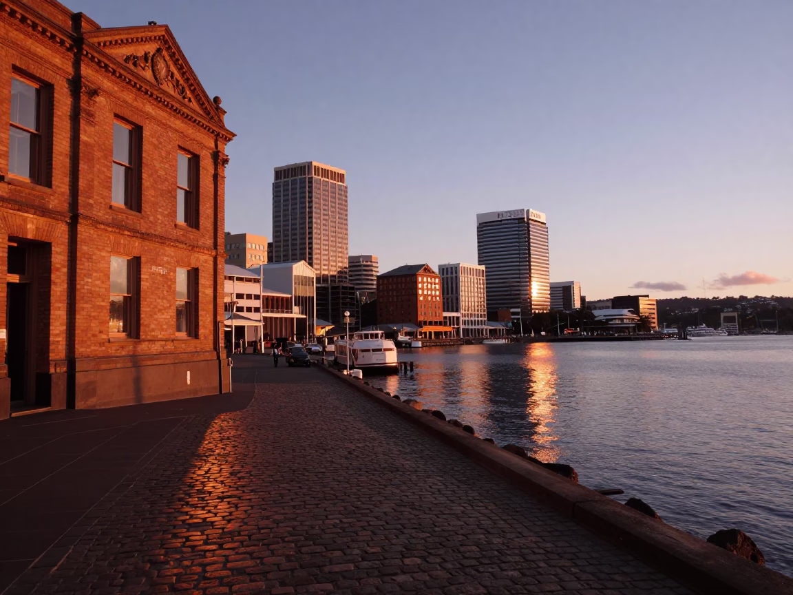 Hobart Tasmania Copper Dusk Light Over Waterfront District and Huon River in in Hobart, Tasmania, Australia