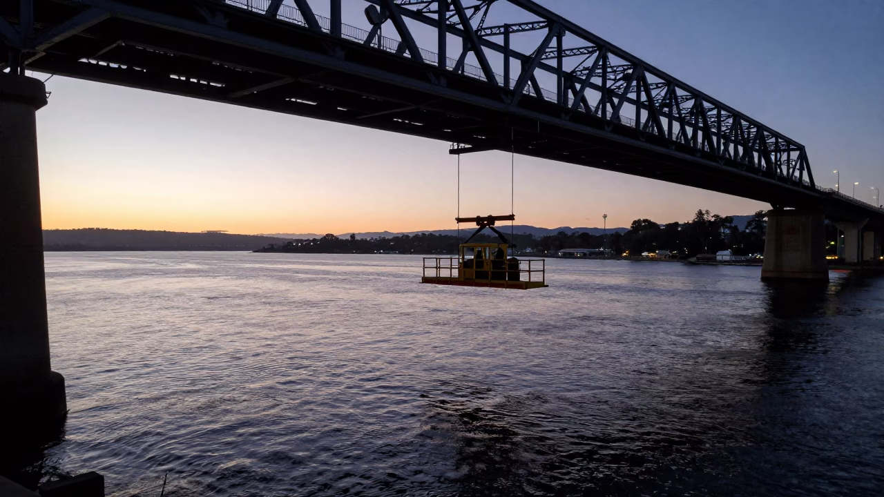 Hobart Tasmania Dawn Bridge Maintenance Cradle Over Derwent River Cold Water in in Hobart, Tasmania, Australia