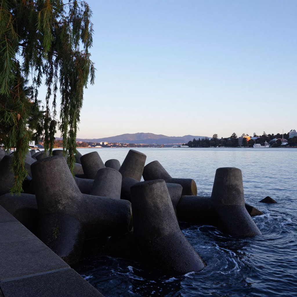Hobart Tasmania Dawn Light on Breakwater Tetrapods and Weeping Willow in in Hobart, Tasmania, Australia