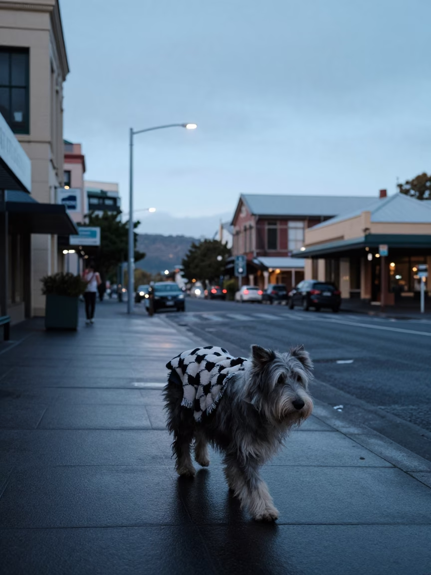 Hobart Tasmania Dawn Street Scene with Bearded Collie and Blanket Chest in in Hobart, Tasmania, Australia