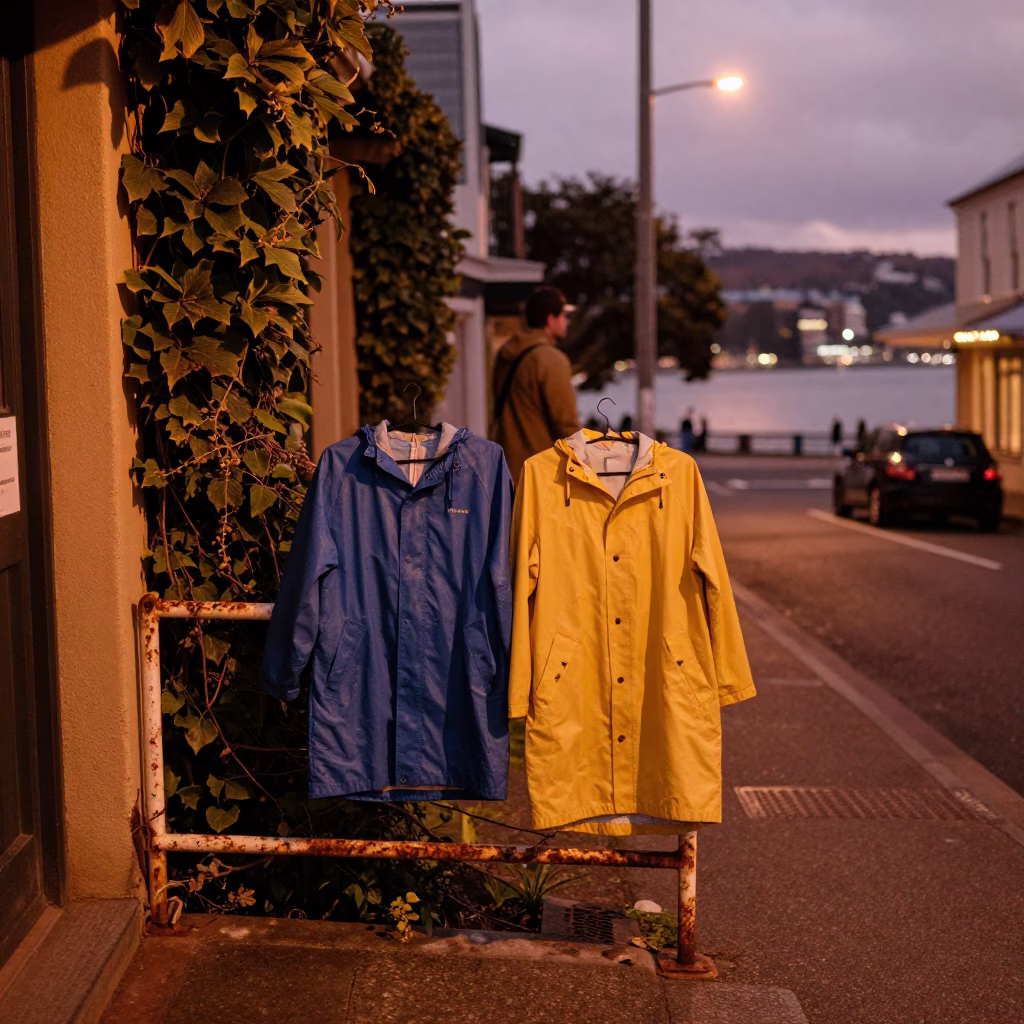 Hobart Tasmania Dusk Street Scene with Vintage Raincoats and Ivy in in Hobart, Tasmania, Australia