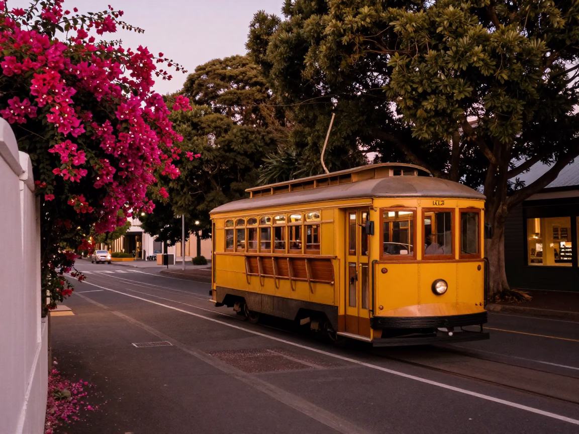 Hobart Tasmania Dusk Street Scene with Vintage Trolley and Bougainvillea in in Hobart, Tasmania, Australia