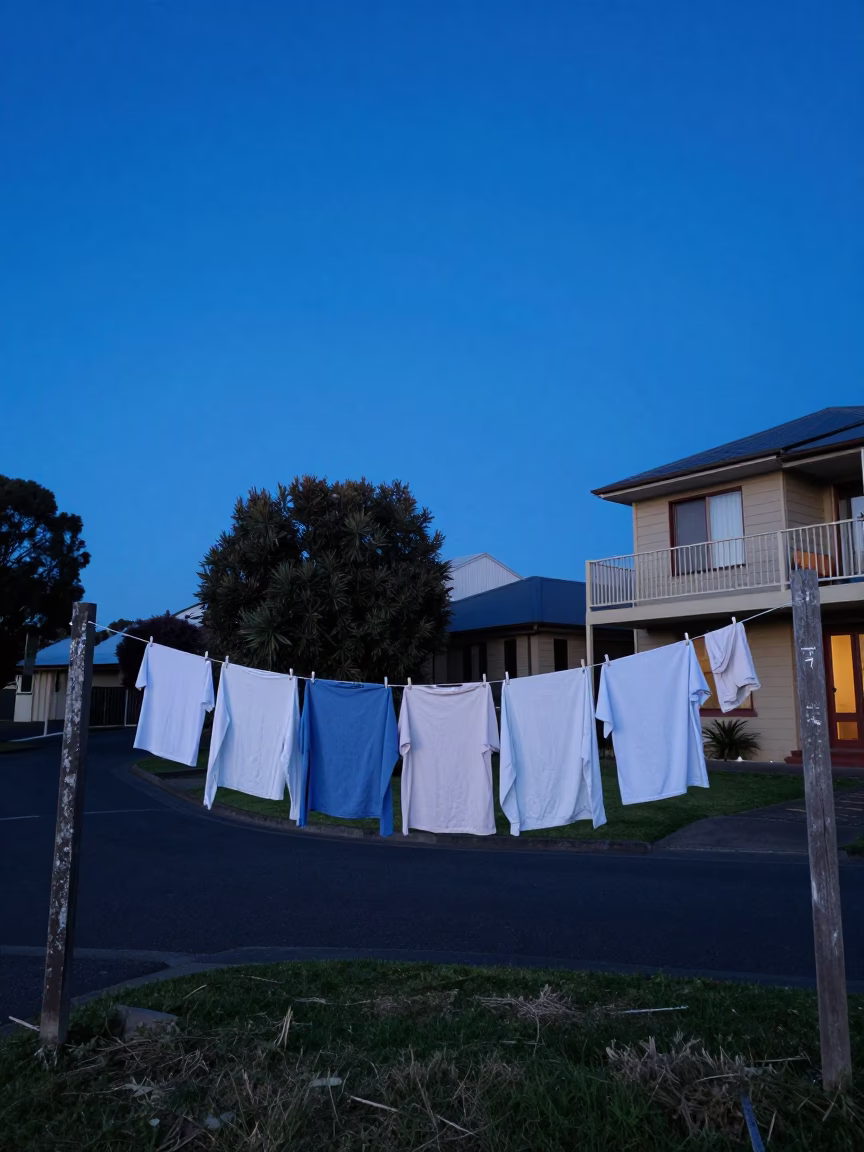 Hobart Tasmania Evening Blue Hour Clothesline With Laundry Drying Near Salamanca Market in in Hobart, Tasmania, Australia
