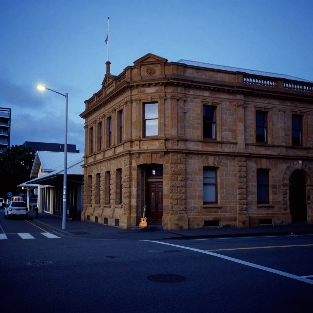 Hobart Tasmania Evening Blue Hour Street Scene with Vintage Guitar Case in in Hobart, Tasmania, Australia