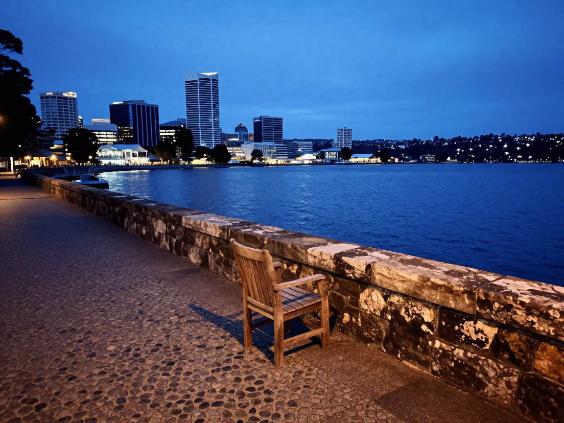 Hobart Tasmania Evening Blue Hour Waterfront Scene with Vintage 1970s Details in in Hobart, Tasmania, Australia