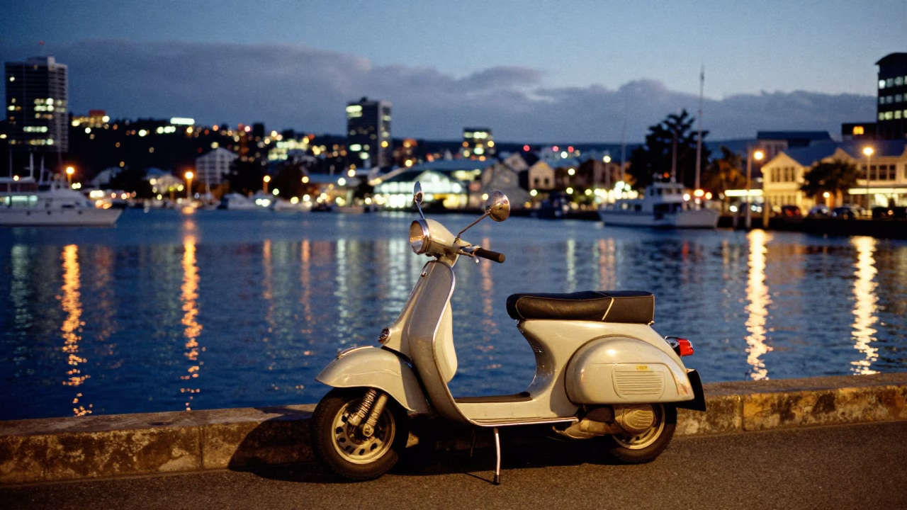 Hobart Tasmania Evening Harbor Scene with Vintage Scooter and Glowing City Lights in in Hobart, Tasmania, Australia