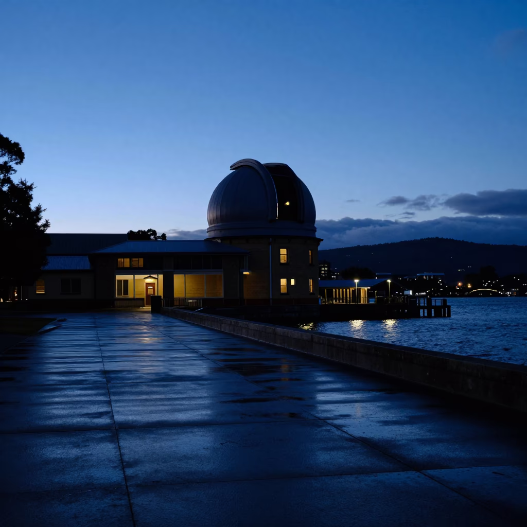 Hobart Tasmania Evening Landscape with Observatory Dome Silhouette Above Ground Fog in in Hobart, Tasmania, Australia