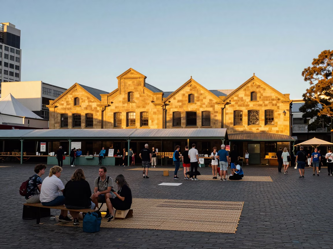 Hobart Tasmania Evening Light at Salamanca Market with Woven Mats and Picnic Blankets in in Hobart, Tasmania, Australia