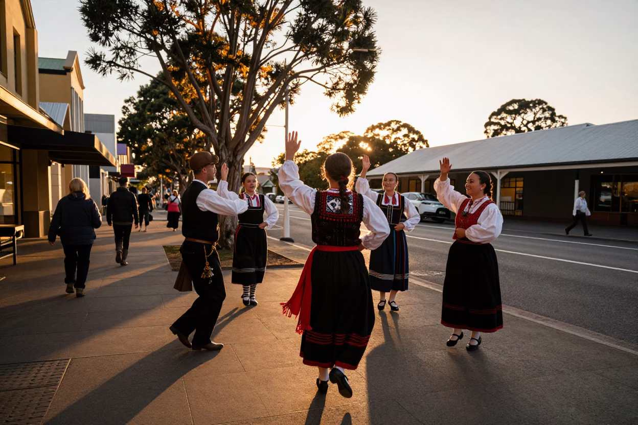 Hobart Tasmania Evening Light Folk Dance Traditional Costume Sackville Street in in Hobart, Tasmania, Australia