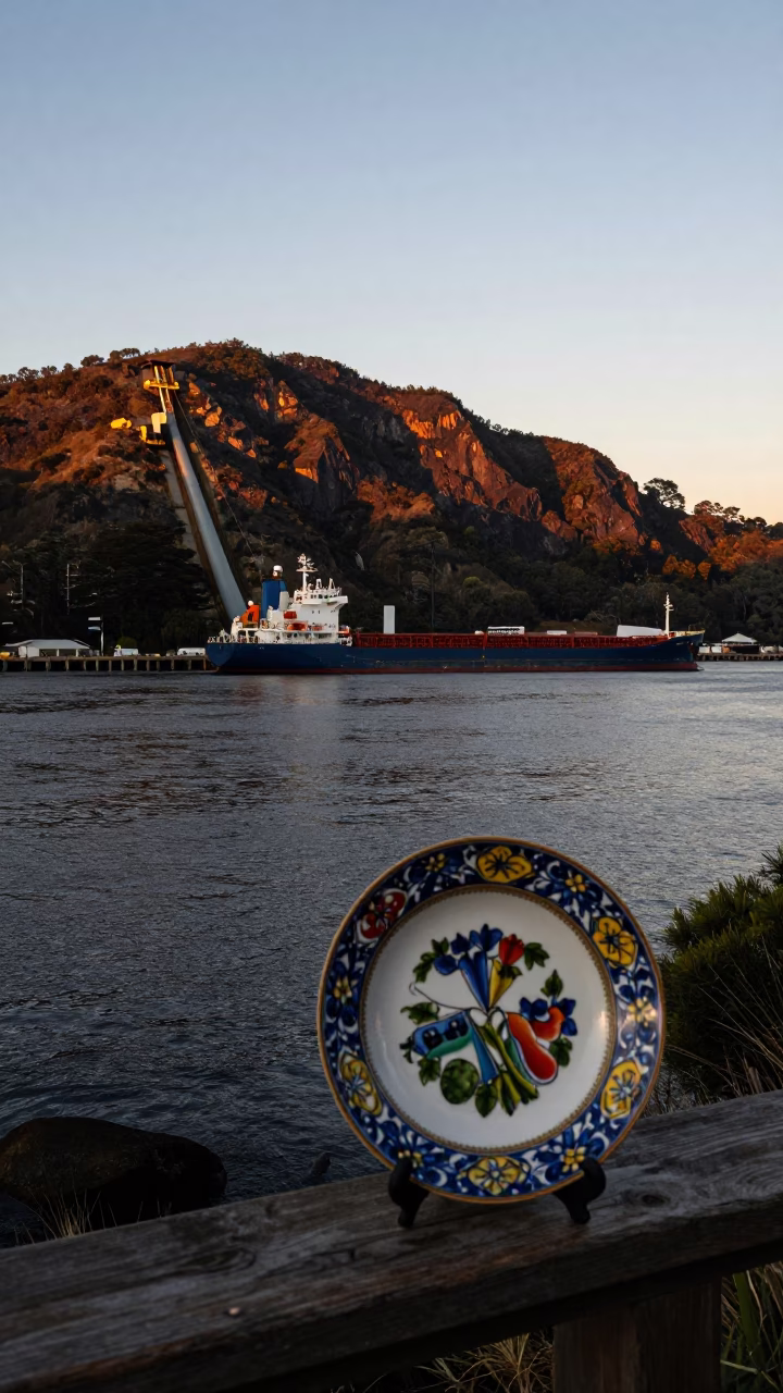 Hobart Tasmania evening light hydroelectric penstock mountain flank cargo ship horizon in in Hobart, Tasmania, Australia