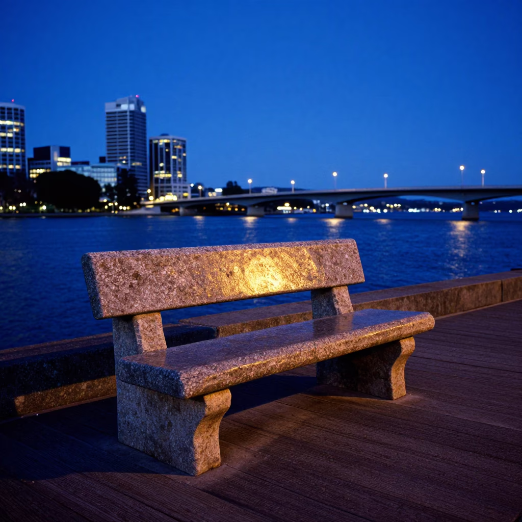 Hobart Tasmania Evening Light on Stone Bench and Bridge Deck After Storm in in Hobart, Tasmania, Australia