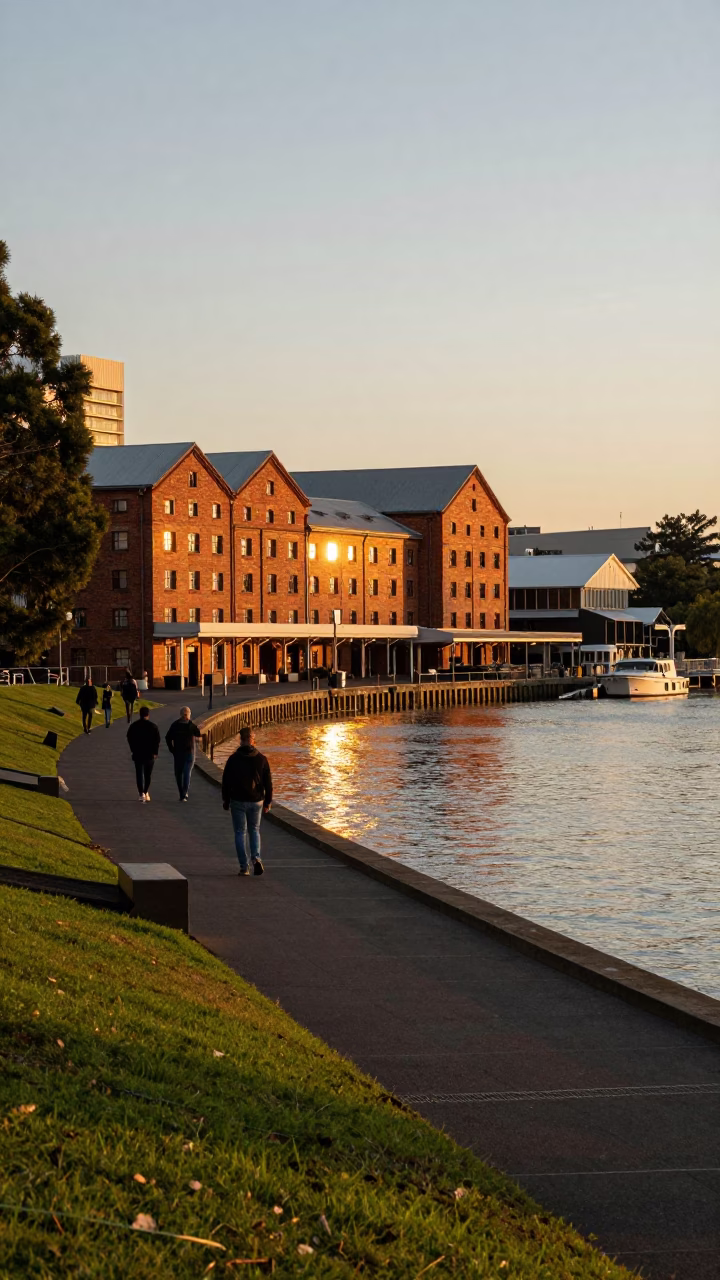 Hobart Tasmania Evening Light Over Derwent River Waterfront Promenade and Historic Warehouses in in Hobart, Tasmania, Australia