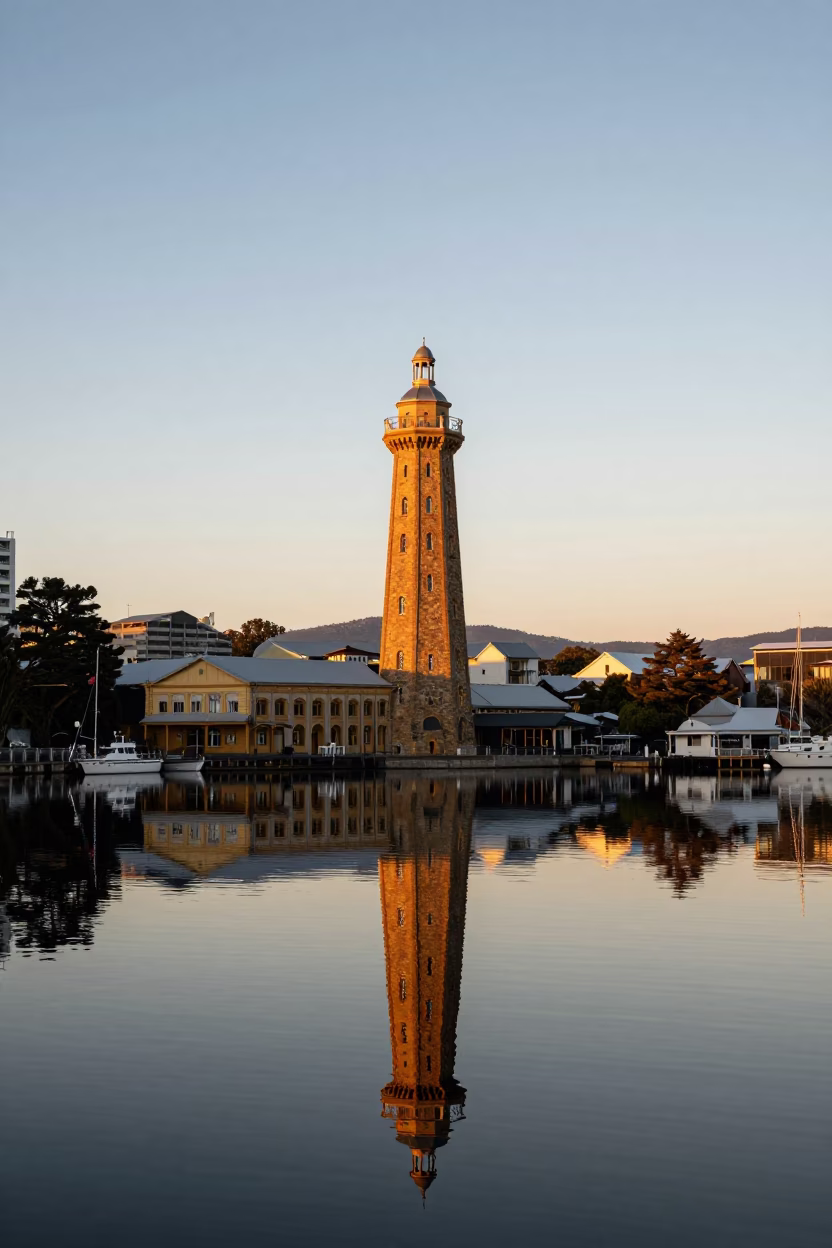 Hobart Tasmania Evening Light Reservoir Intake Tower Reflection in Still Water in in Hobart, Tasmania, Australia